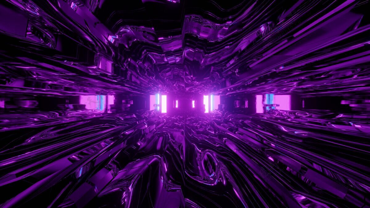 几何用明亮的紫色霓虹灯照亮的曲线和线条装饰隧道抽象背景的三维插图艺术形状4k