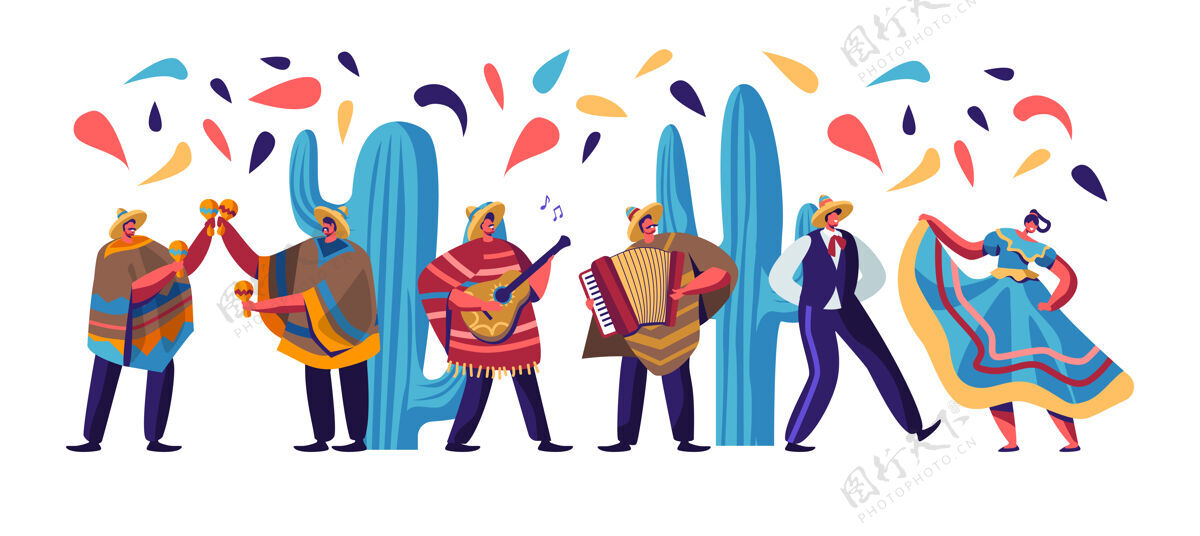 快乐辛科梅奥节与墨西哥人在五颜六色的传统服装 音乐家与吉他 卡通平面插图墨西哥人节日帽子