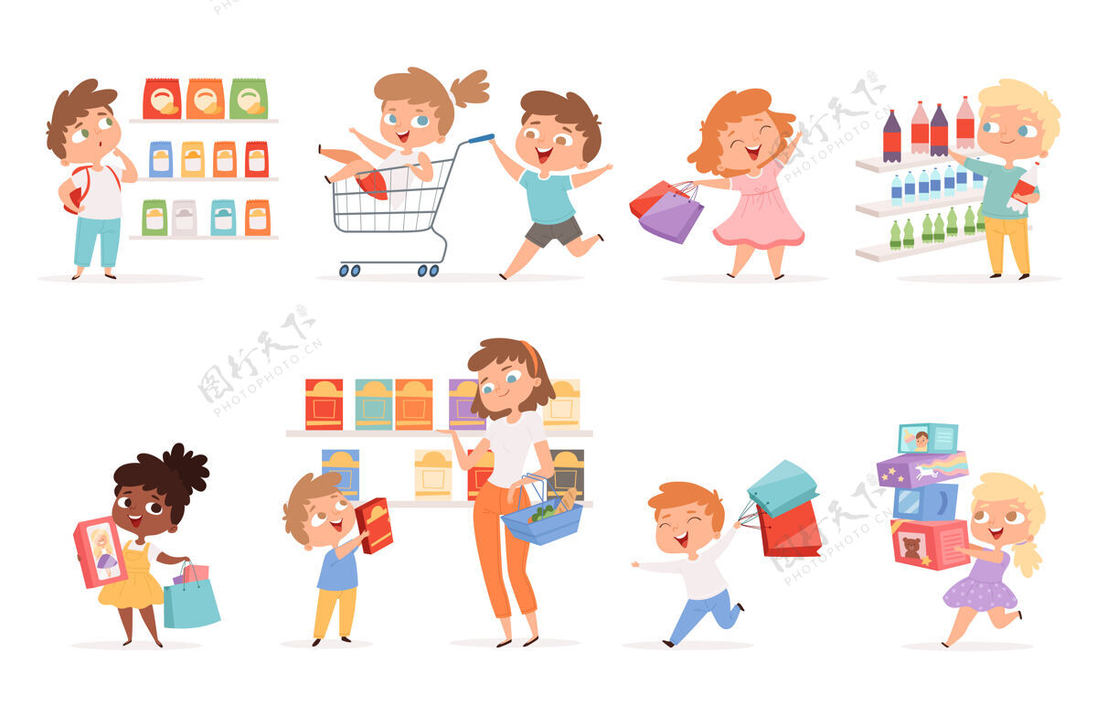 超市杂货店孩子父母与儿童购物购买产品和玩具卡通插图购买市场女人