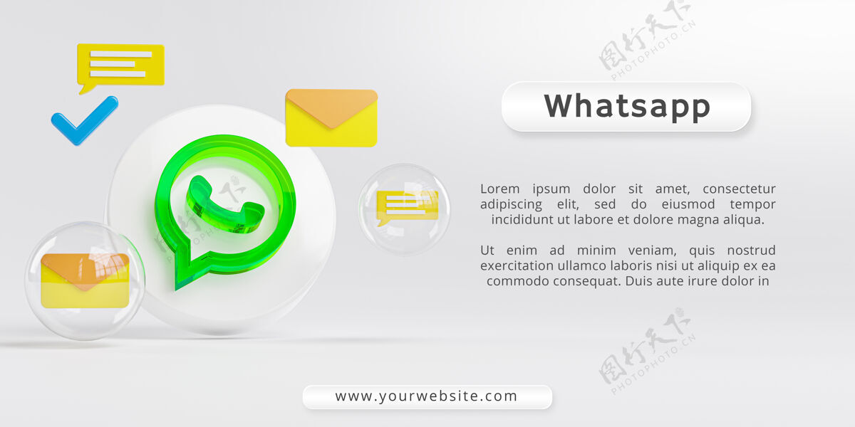 气泡Whatsapp亚克力玻璃标志和信息图标模板3d渲染应用程序
