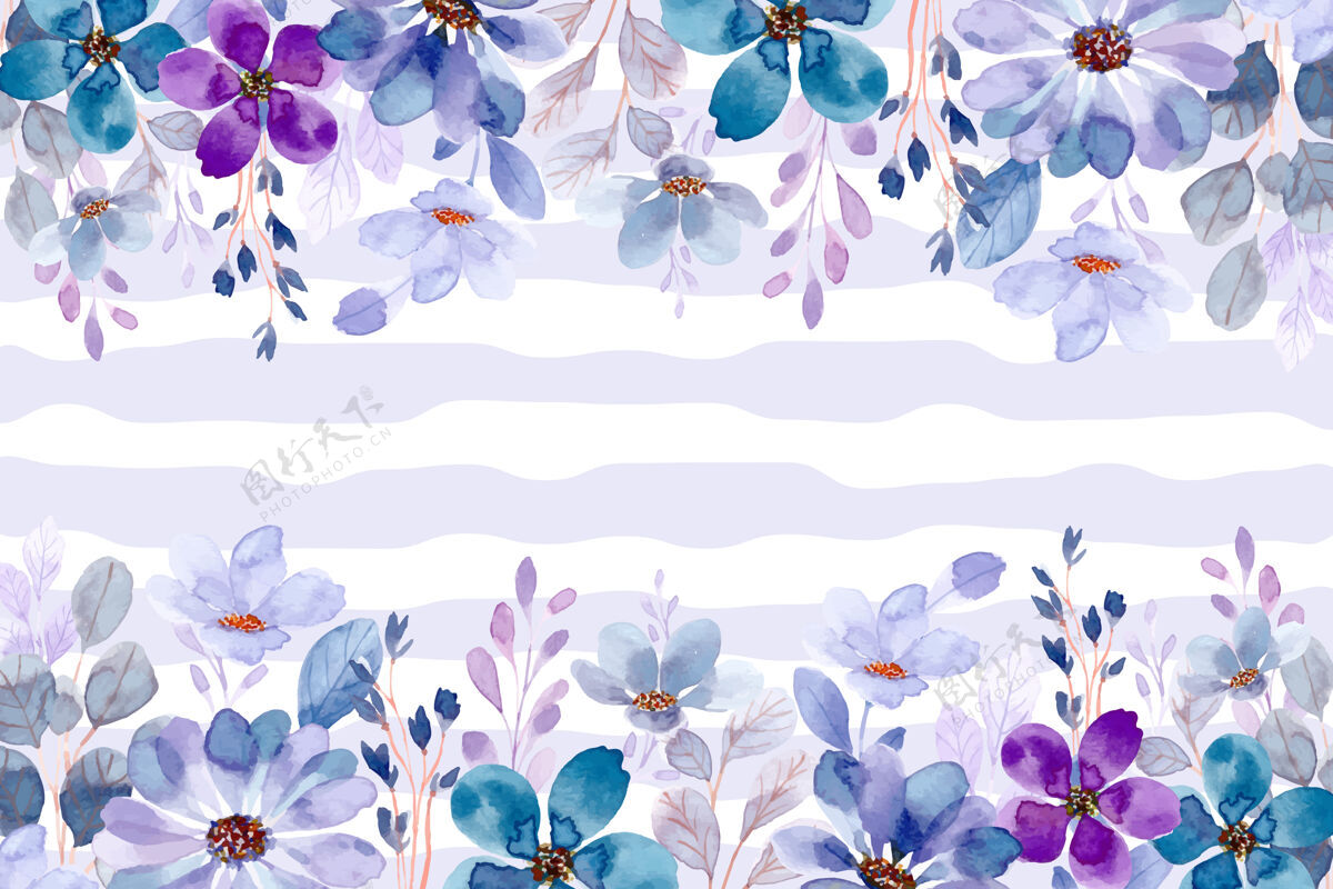 水彩蓝紫色花园水彩背景花花叶
