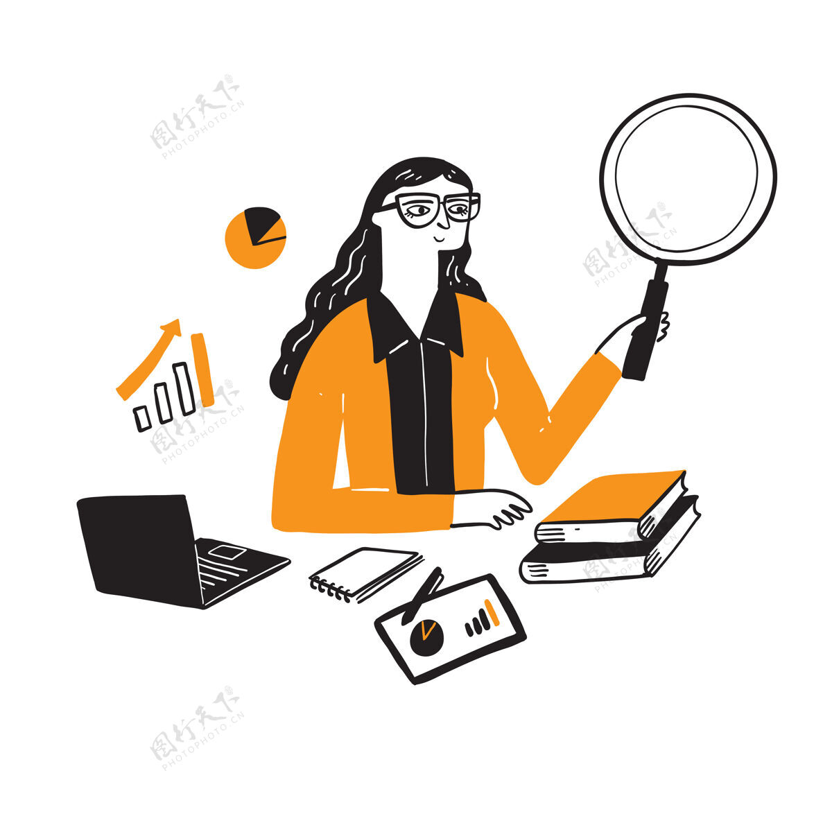 研究一位研究型女商人的插图分析公司搜索
