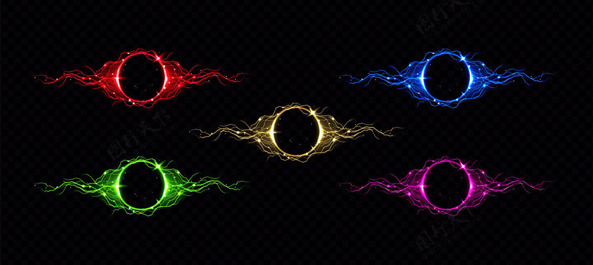 雷电带有彩色发光效果的闪电圈电能量等离子