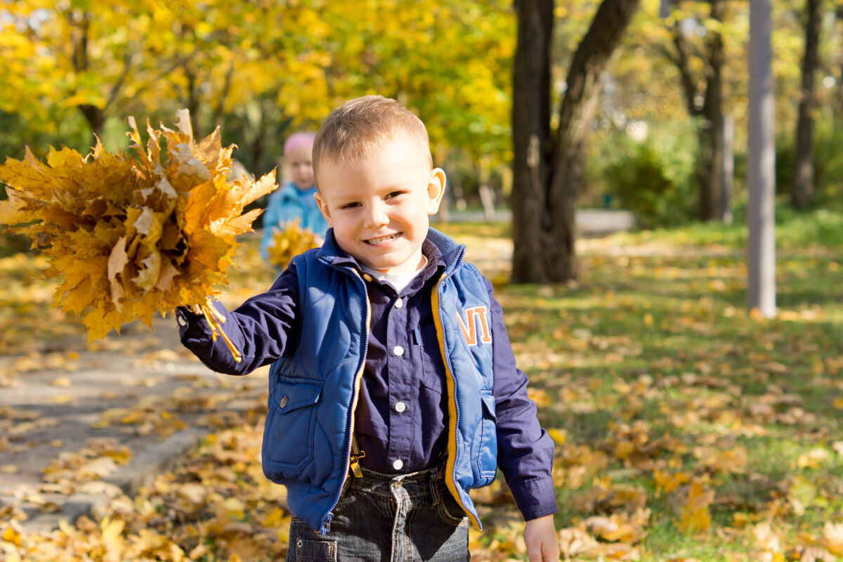 树叶可爱快乐微笑的小男孩举着一束五颜六色的黄色秋叶欢乐户外公园