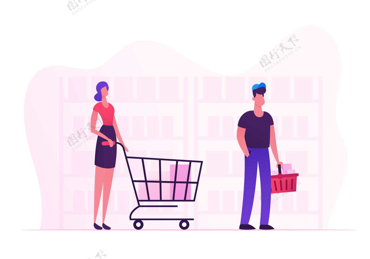 女男女角色拿着购物篮在商店排队杂货店性格升华