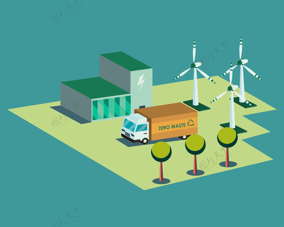 能源生态植物卡车和风力发电厂等距设计 节能省电生态可持续环保主题可持续性创新等距