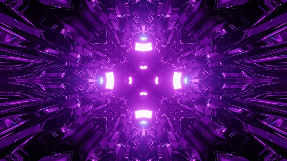 霓虹灯用紫色霓虹灯照明的十字形科幻隧道抽象几何背景的3d插图走廊形状照明