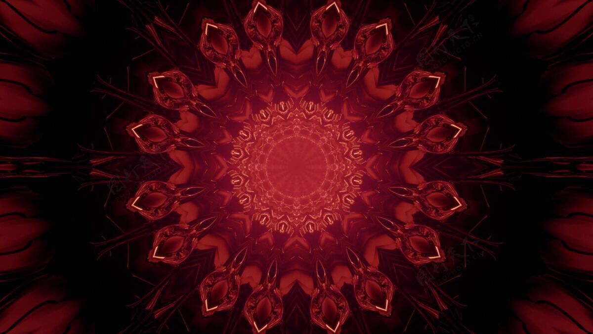 照明花形暗红色发光隧道抽象几何背景的3d插图艺术三维隧道
