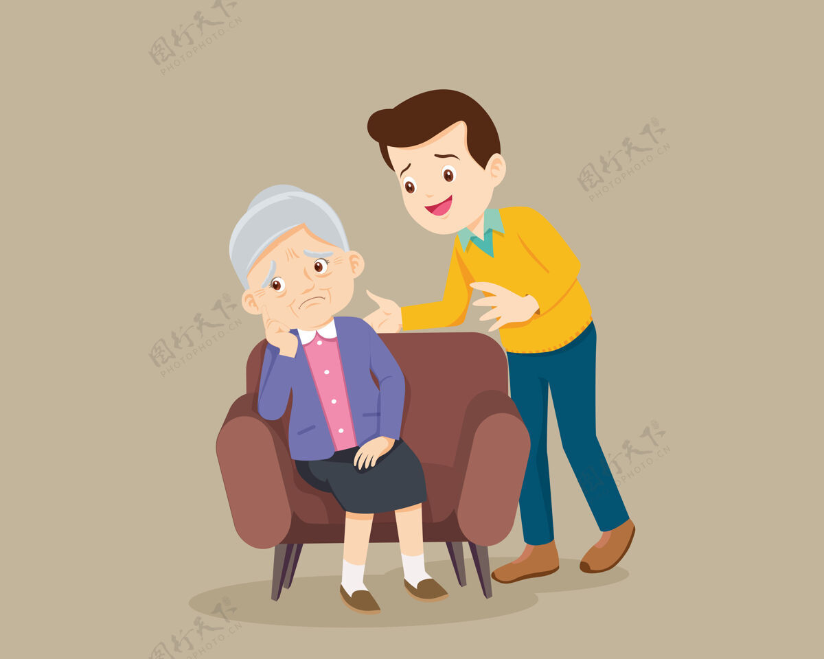 人伤心的老妇人坐着 男人在安慰她哭泣残疾不安