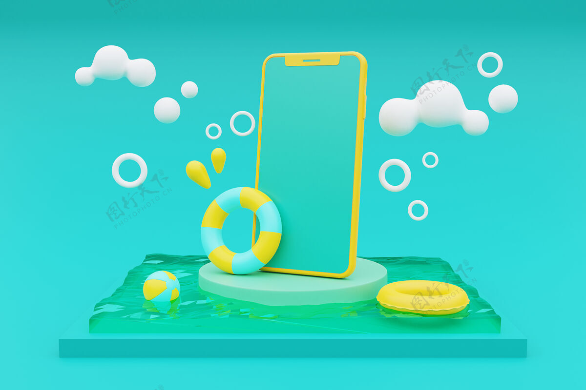 海洋使用智能手机和summerelements进行暑假概念的3d渲染3d渲染太阳镜沙滩球夏季