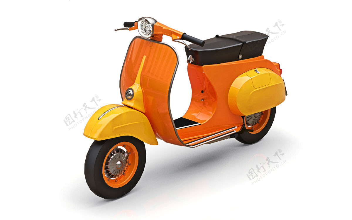 电机复古欧洲橙色踏板车白色背景三维渲染驾驶摩托车车轮