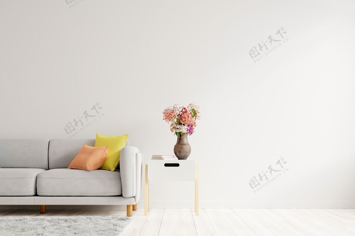公寓空荡荡的客厅里有灰色的沙发 桌子上有装饰性的花瓶和空荡荡的白色墙壁3d渲染复制空间舒适室内