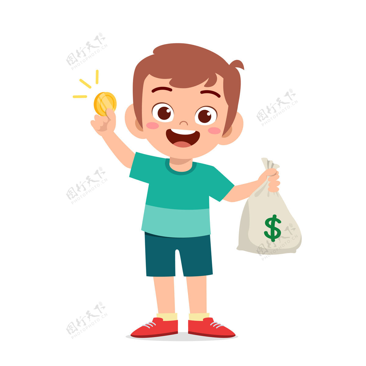 包可爱的小男孩拎着一袋现金和硬币赚经济现金