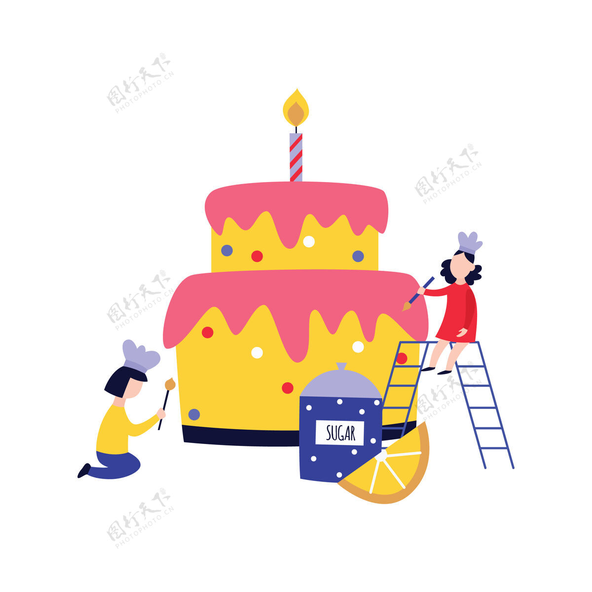 甜食小人物-儿童-烹饪和装饰巨大的蛋糕平面卡通烹饪厨师蛋糕