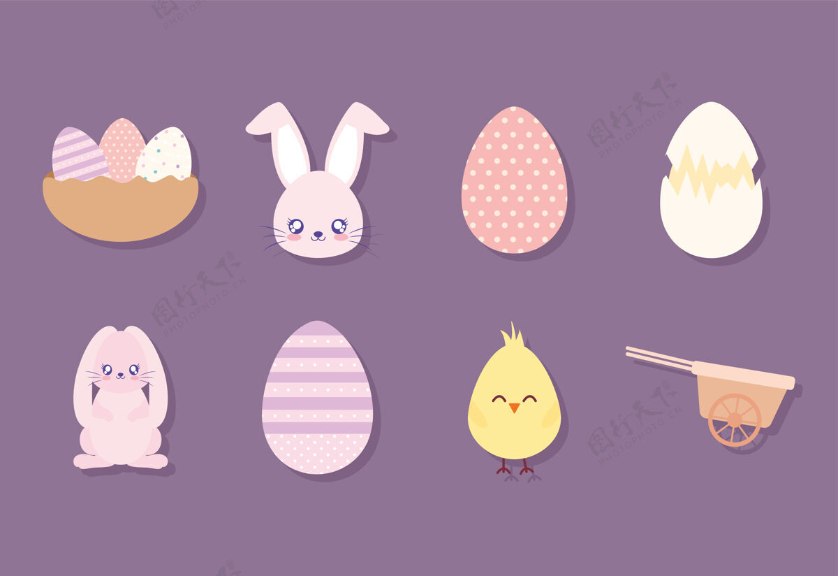 兔子复活节图标捆绑在一个紫色的背景矢量插图设计模板画收藏