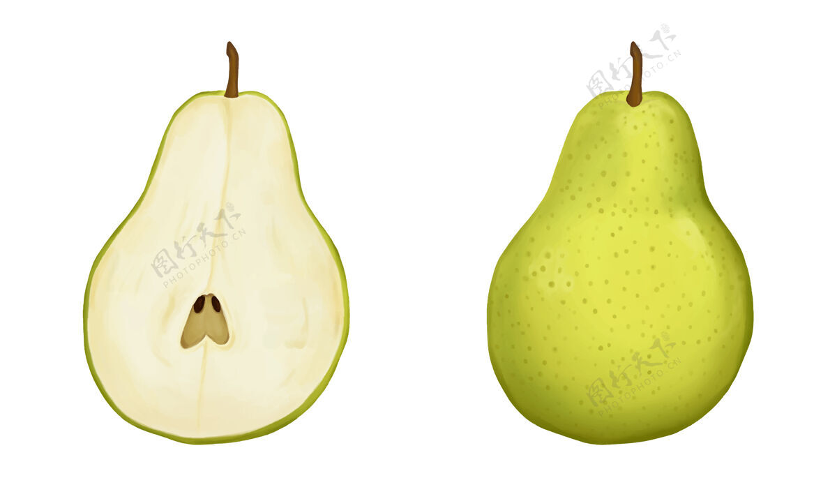 水果一套成熟的绿梨隔离在白色有机食品种子