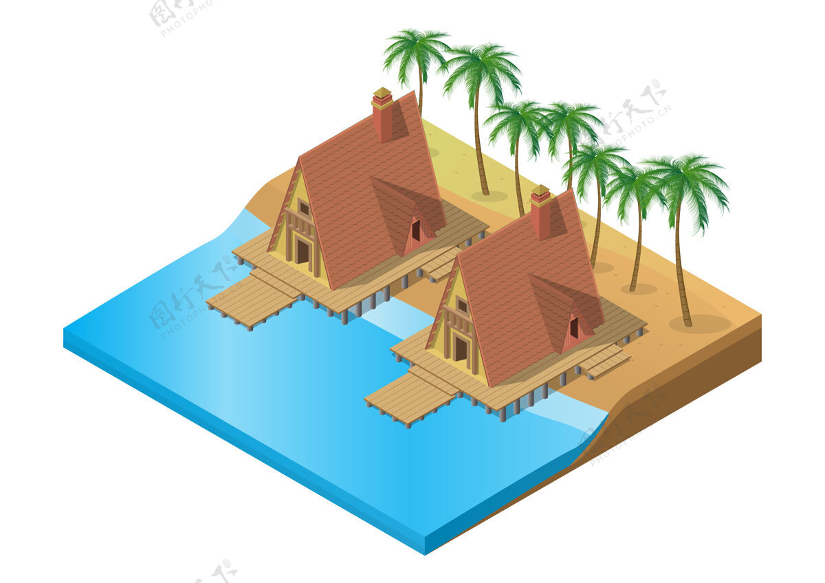 房子海滩上有棕榈树的等距木制热带度假村海滩棕榈海岸线