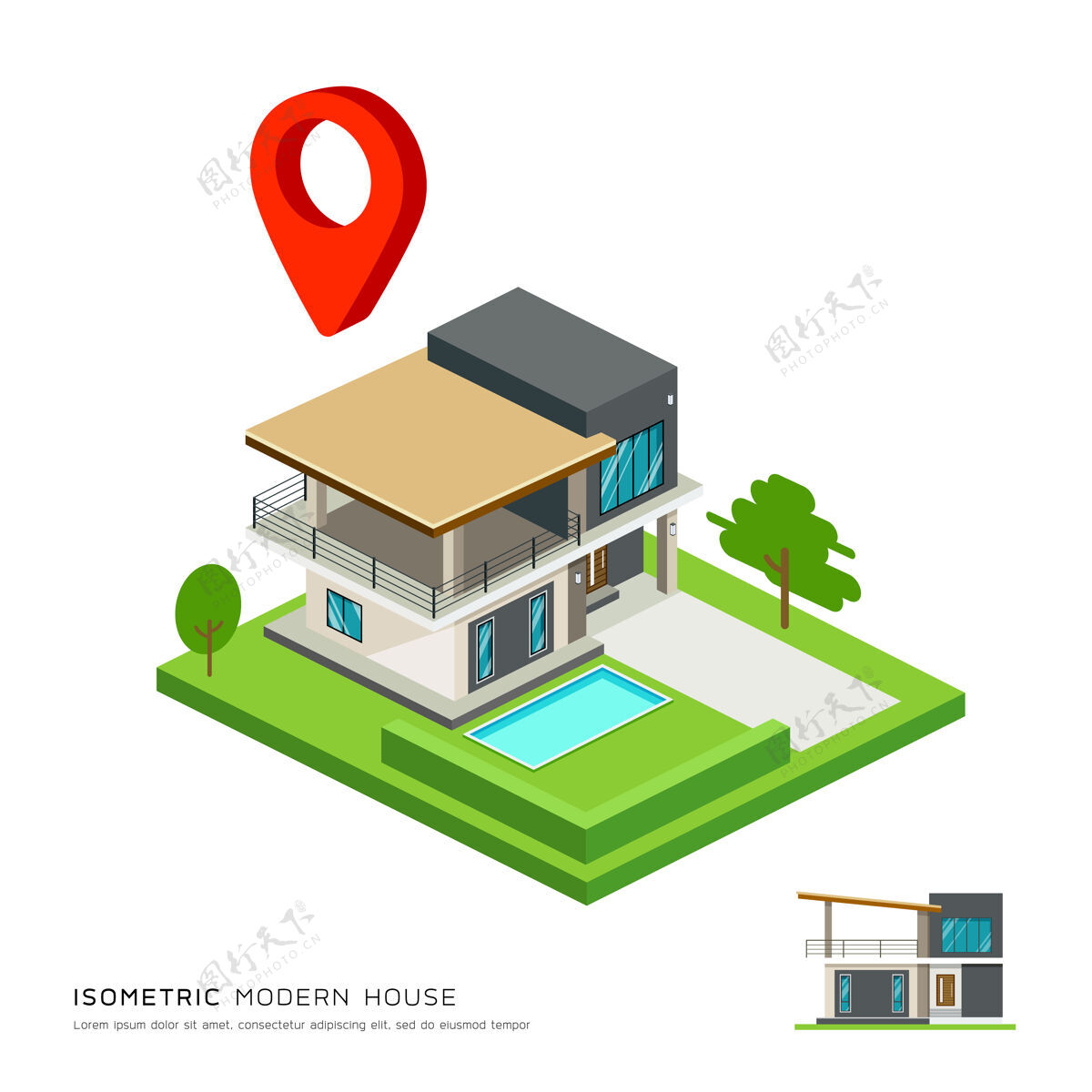 建筑现代房屋等距图与红点地图现代房屋外观房屋