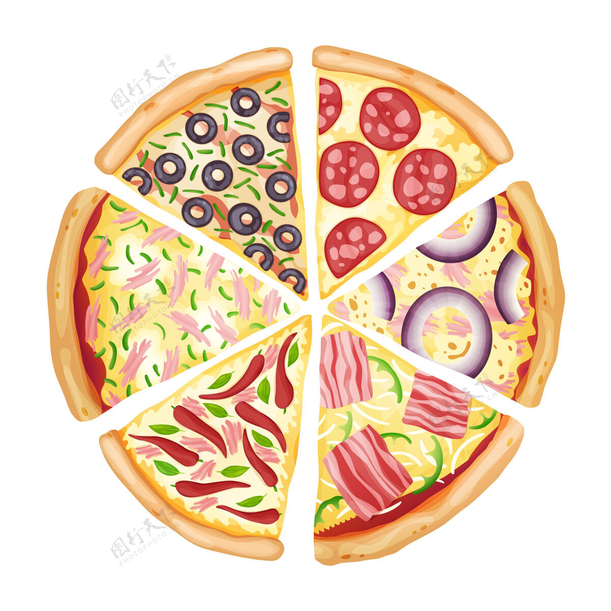 快餐彩色披萨顶视图插图设计顶视图番茄切达