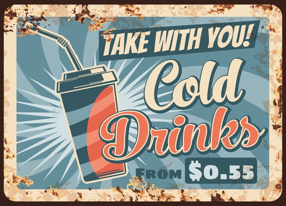 食品冷饮生锈的金属板夏季饮料插画设计冷杯子可乐