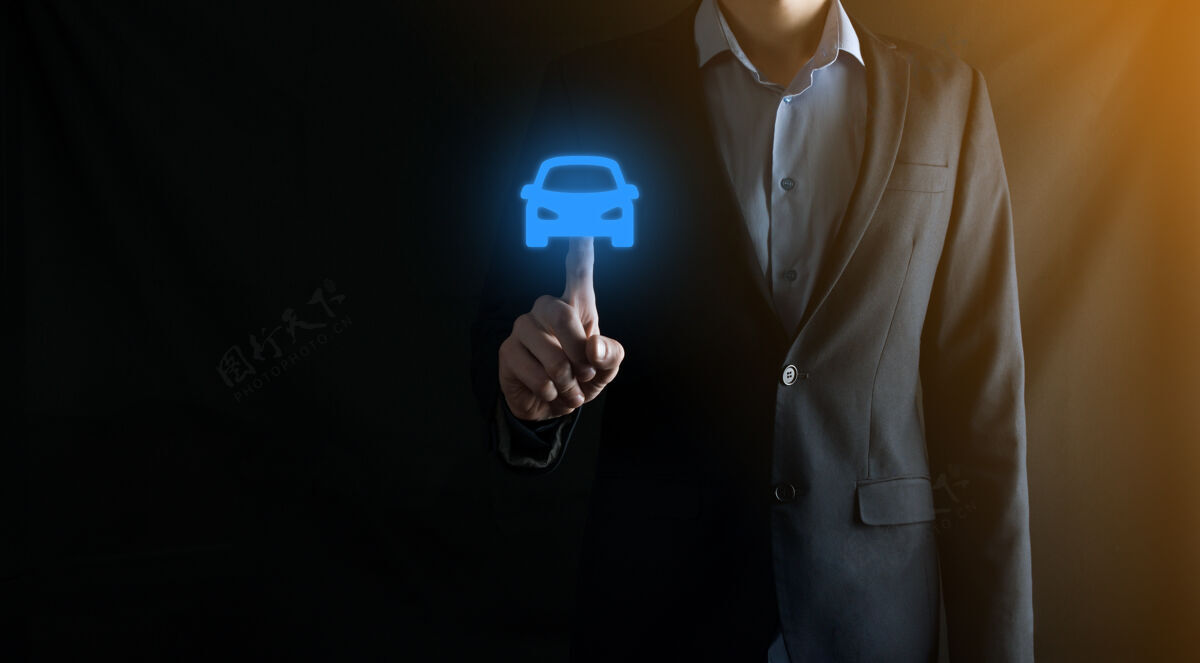 商务人员载人汽车的数字合成icon.汽车汽车保险和汽车服务概念商人提供手势和汽车图标护理投资运输