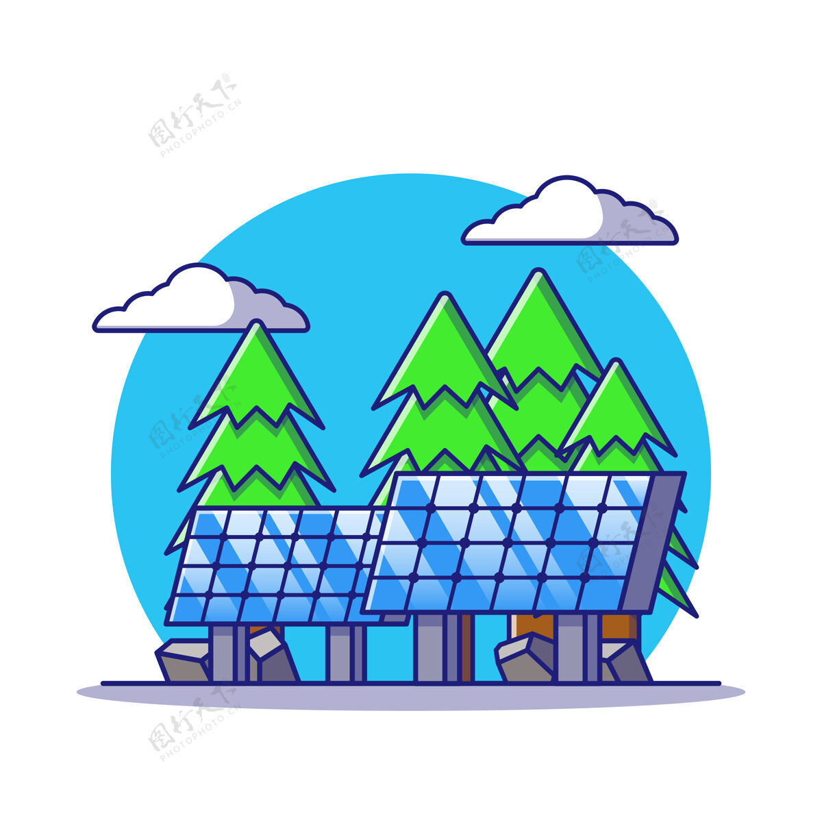 新陆地上的可再生能源太阳能板与室外背景平面卡通插图隔离土地环境草地