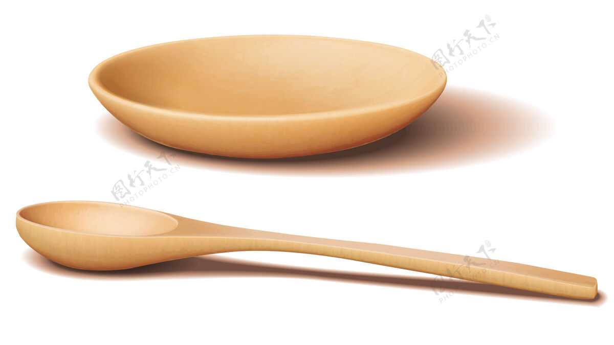 厨房浅棕色木碗和木勺与现实的阴影手工制作木材餐具