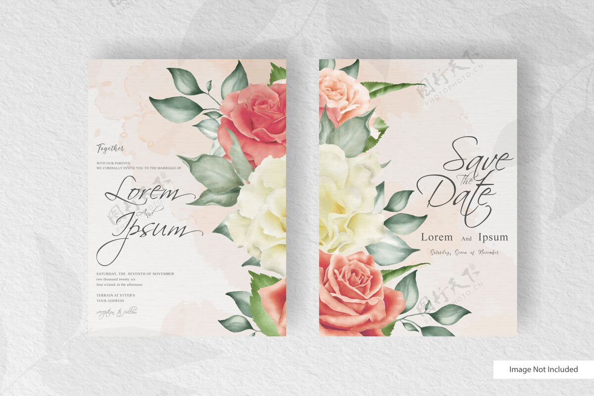 模板婚礼请柬与美丽的花卉和水彩画花卉玫瑰卡片