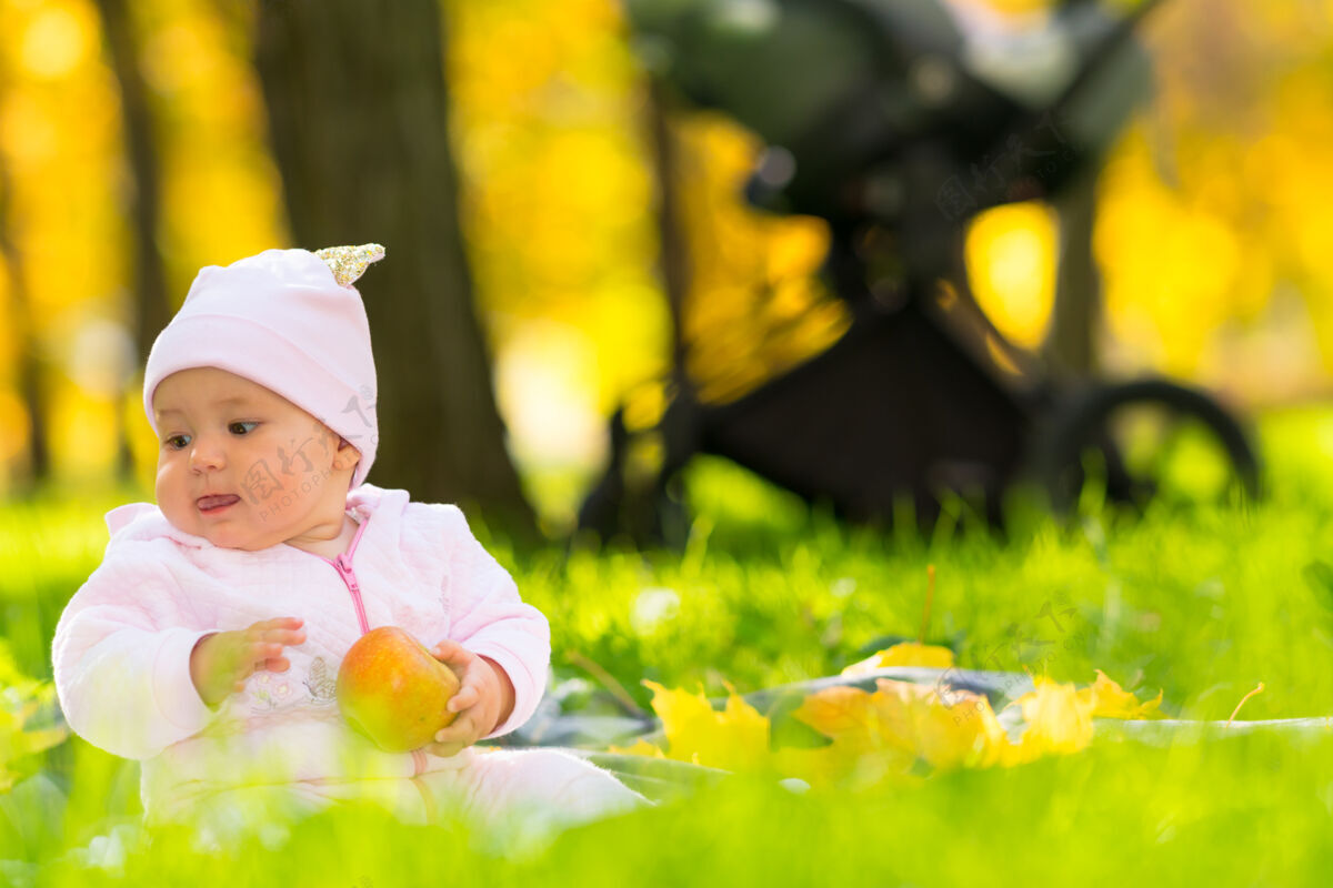 女孩在一个秋天的公园里 一个心满意足的小宝宝坐在一块地毯上 躺在新鲜的绿草上 手里拿着一个苹果 从低角度俯瞰着身后五颜六色的黄树女儿微小座位