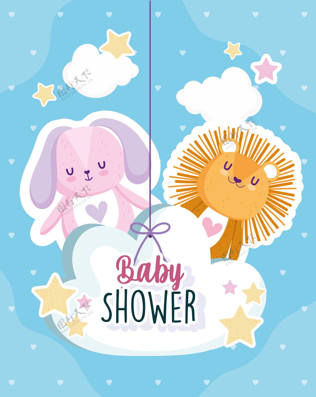 云婴儿淋浴 狮子和兔子在挂云卡矢量插图剪贴画可爱孩子