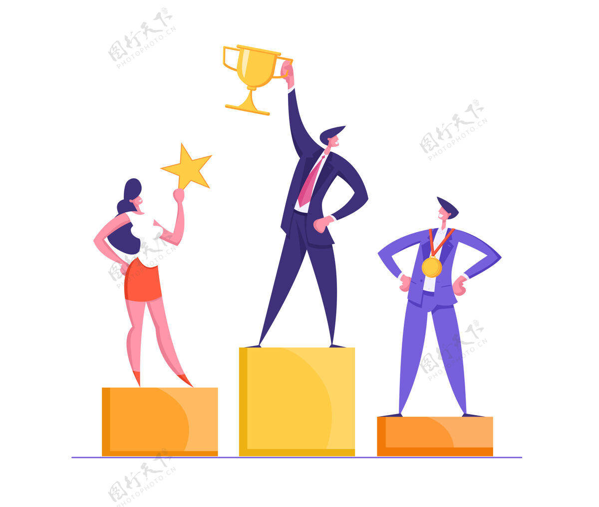 奖杯快乐的商人站在获奖的领奖台与奖项概念登陆页设置领导奖励商业