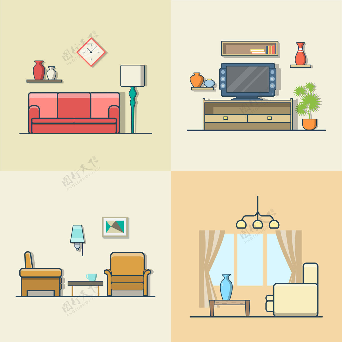 扶手椅客厅室内设置线性彩色笔划轮廓平面样式图标.颜色图标收藏架子公寓沙发