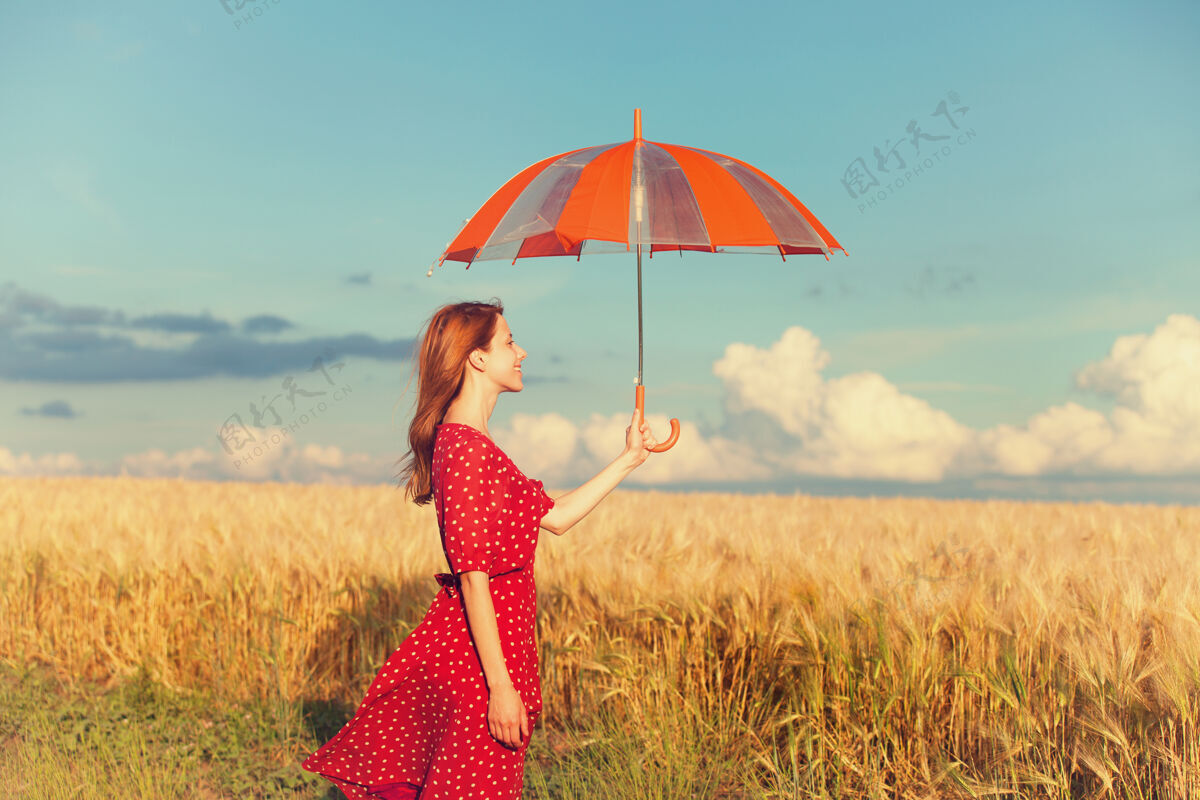 雨带着雨伞的红发女孩在田野里乡村草地乌克兰