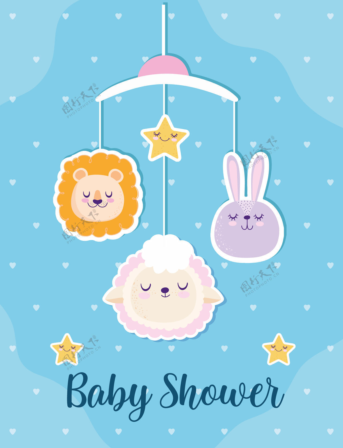 快乐宝宝淋浴可爱的狮子兔和绵羊移动装饰矢量插图孩子淋浴童年