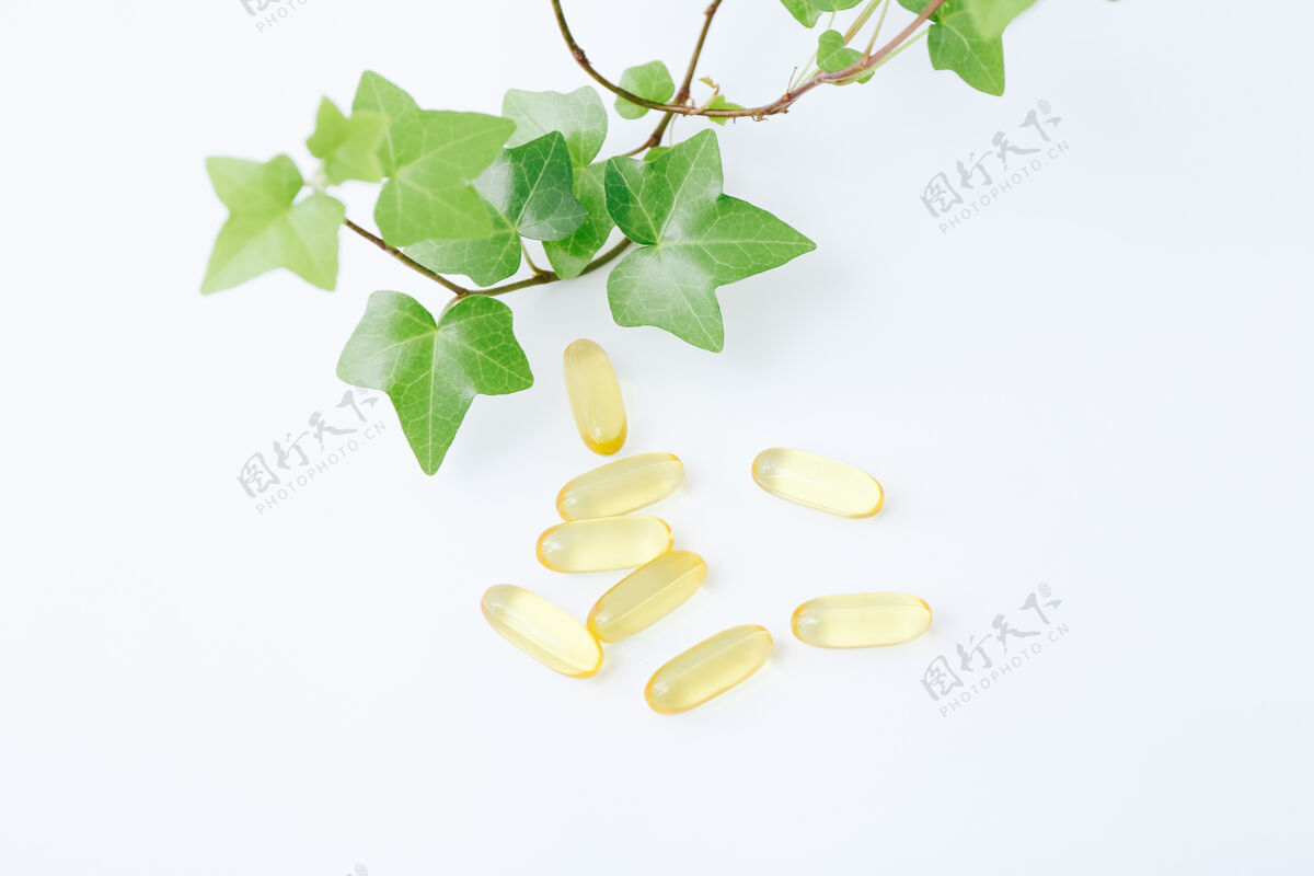草药鱼油维生素胶囊和绿叶上的白色治疗植物医学