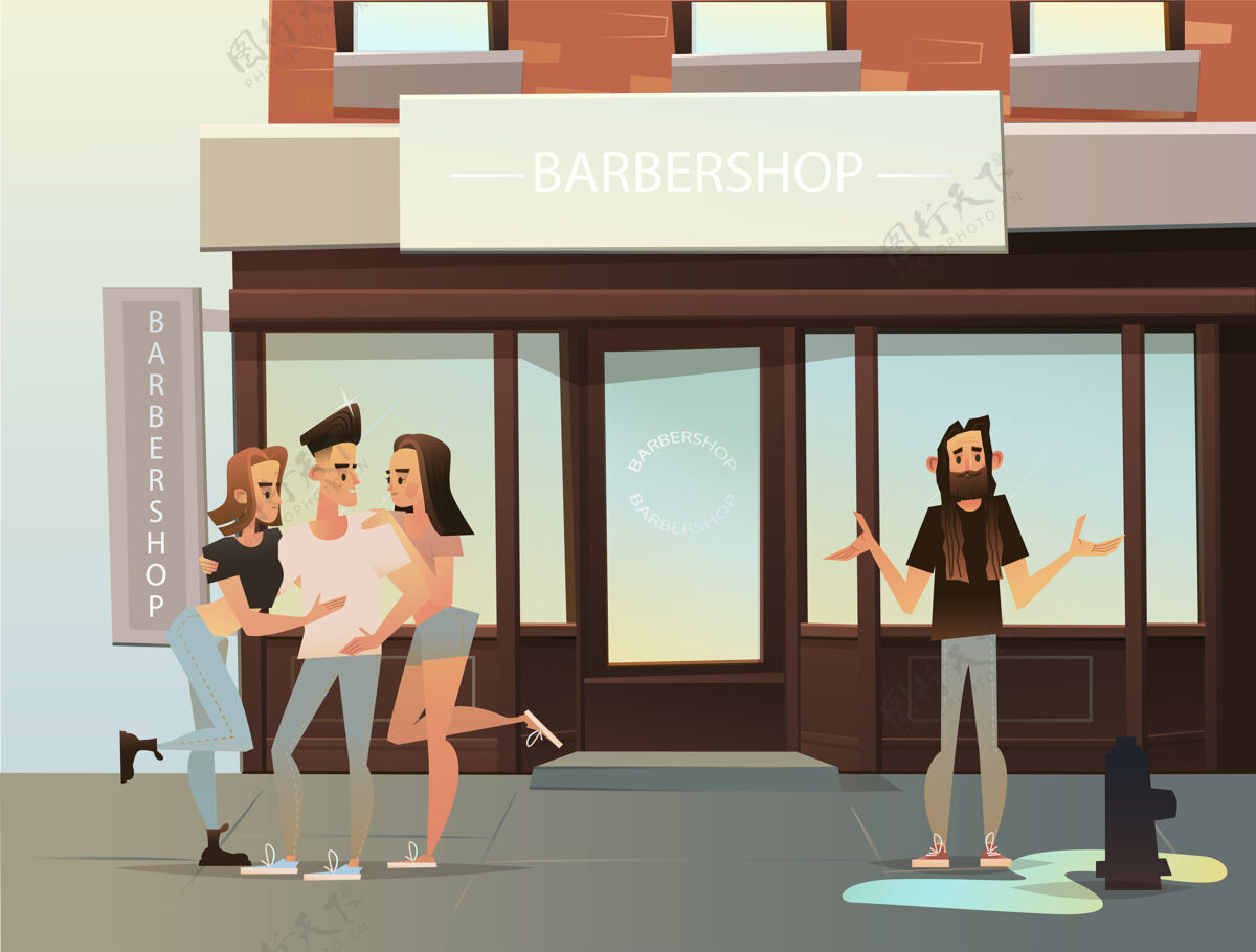 发型时尚的男人拥抱年轻的女人插图绅士理发店剃须刀