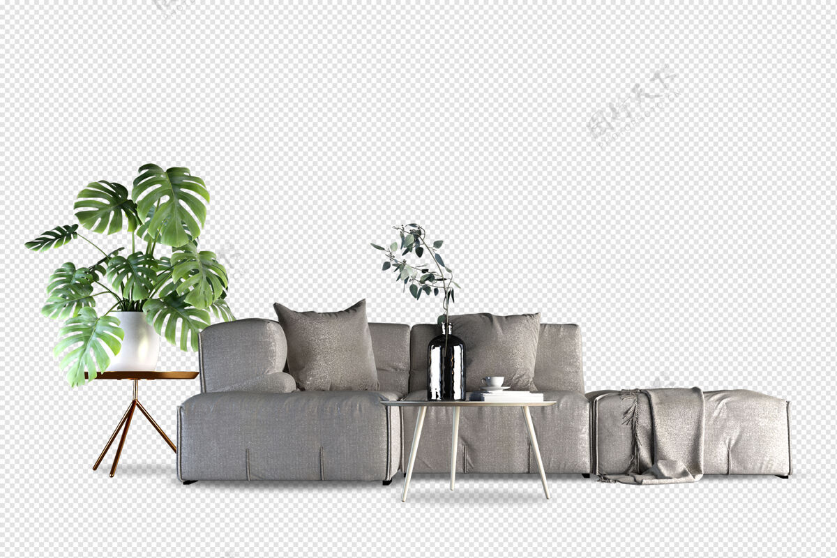 室内设计沙发的前视图在三维渲染3d室内沙发