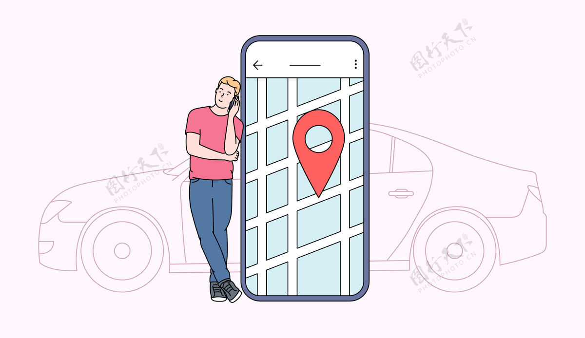 电话汽车共享和在线应用concept.young公司男人靠近智能手机屏幕 在城市地图上有路线和地点 还有车应用程序人车辆