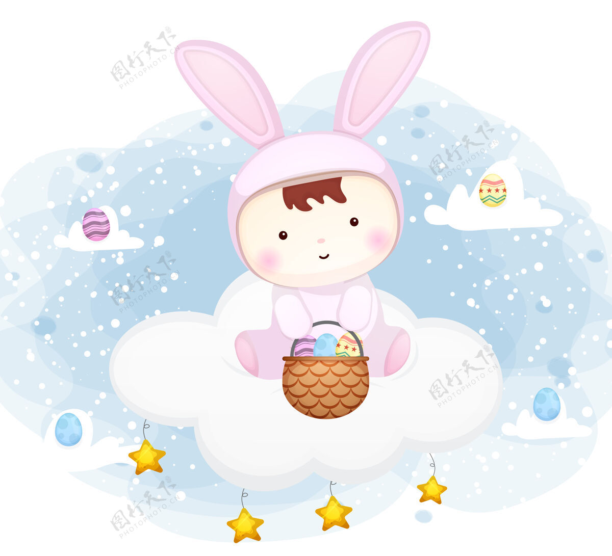 坐着可爱的小宝宝穿着小兔子的衣服坐在云端与复活节彩蛋卡通人物孩子兔子鸡蛋