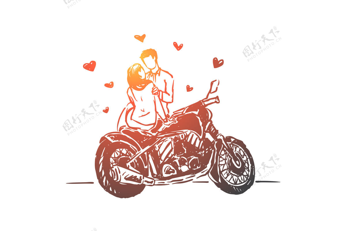 女朋友年轻情侣在户外约会 男女朋友插画爱车手摩托车