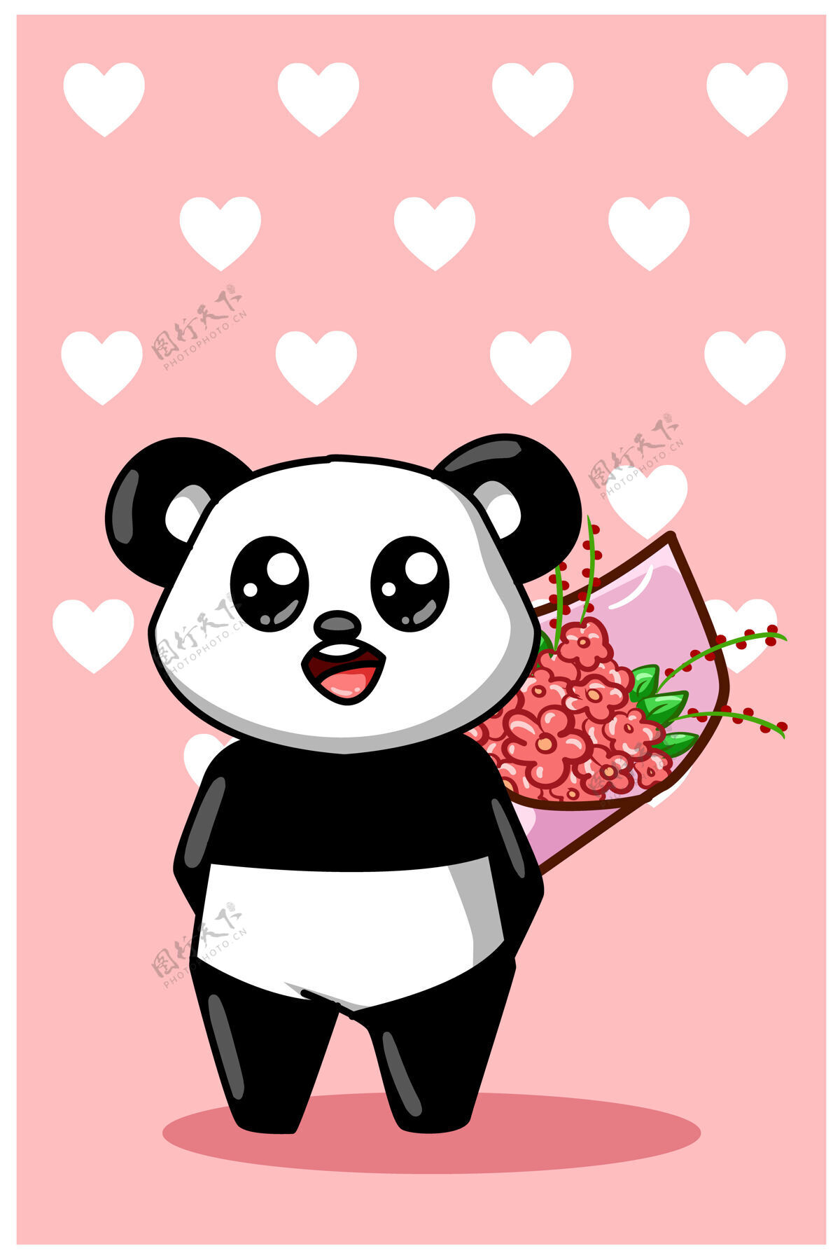 礼物一只可爱快乐的熊猫拿着一束鲜花卡通插画举行情人节花