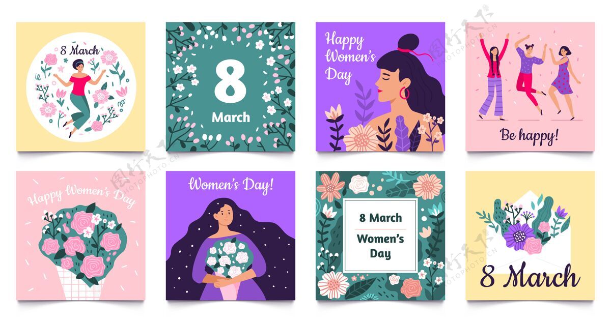 女人国际妇女节卡快乐妇女节 3月8日节日贺卡套装正方形开花集