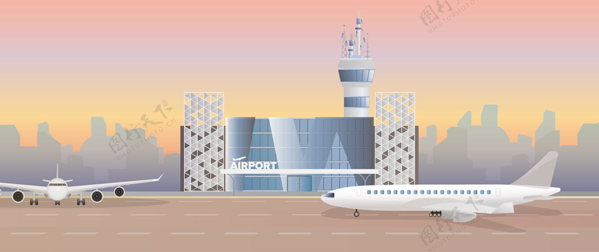 背景现代机场跑道飞机上跑道.机场在公寓里风格.城市轮廓插图拼贴飞机彩色