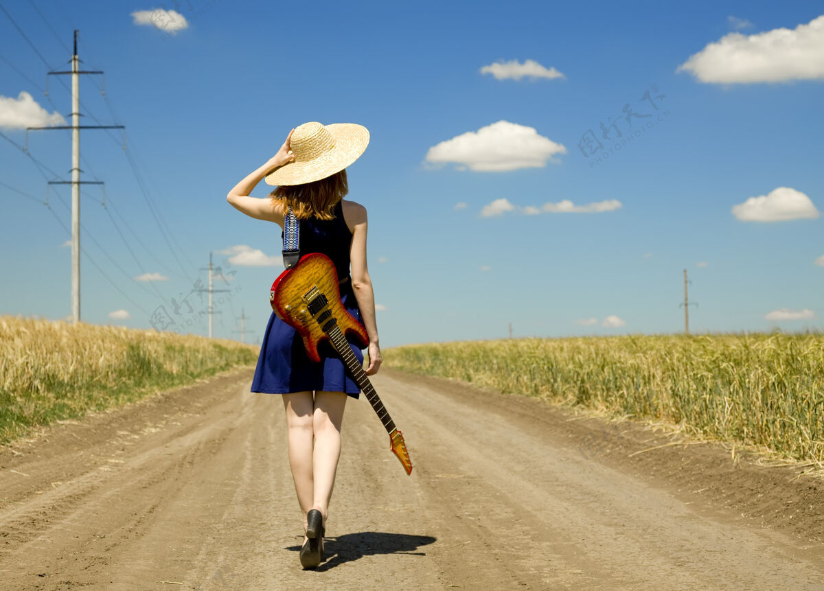 帽子乡村吉他摇滚女孩经典风女性