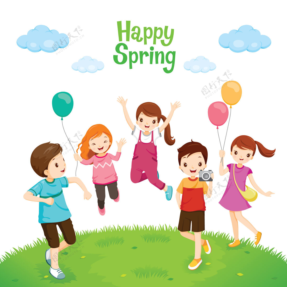 孩子快乐的孩子们放松 在草坪上跳跃 快乐的春天男孩小草卡通