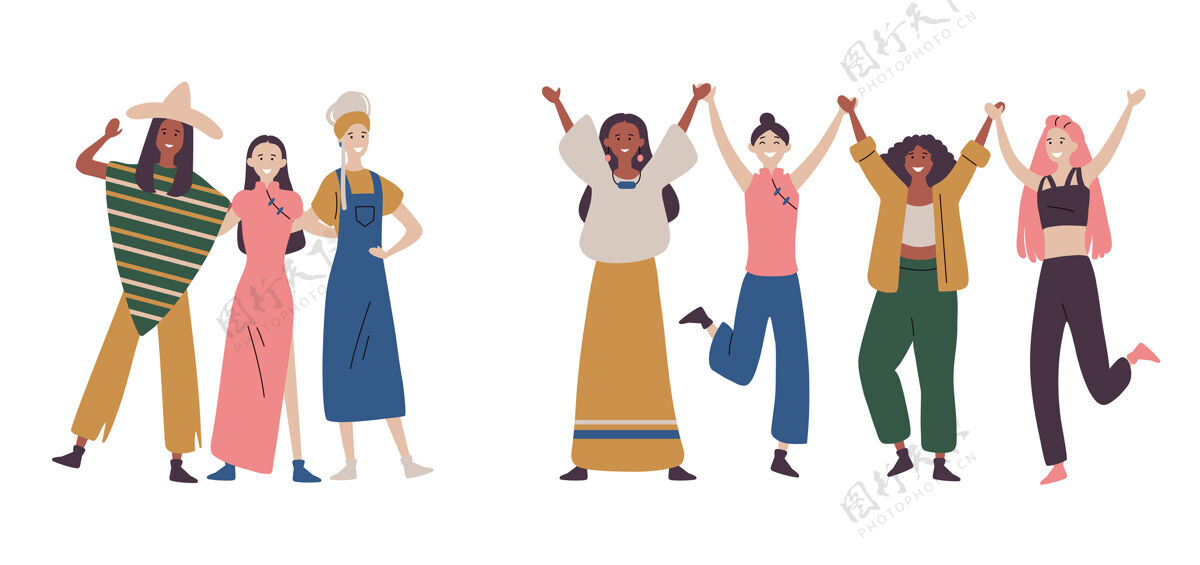 自由快乐的女人或女孩站在一起 手牵着手联盟女孩女人
