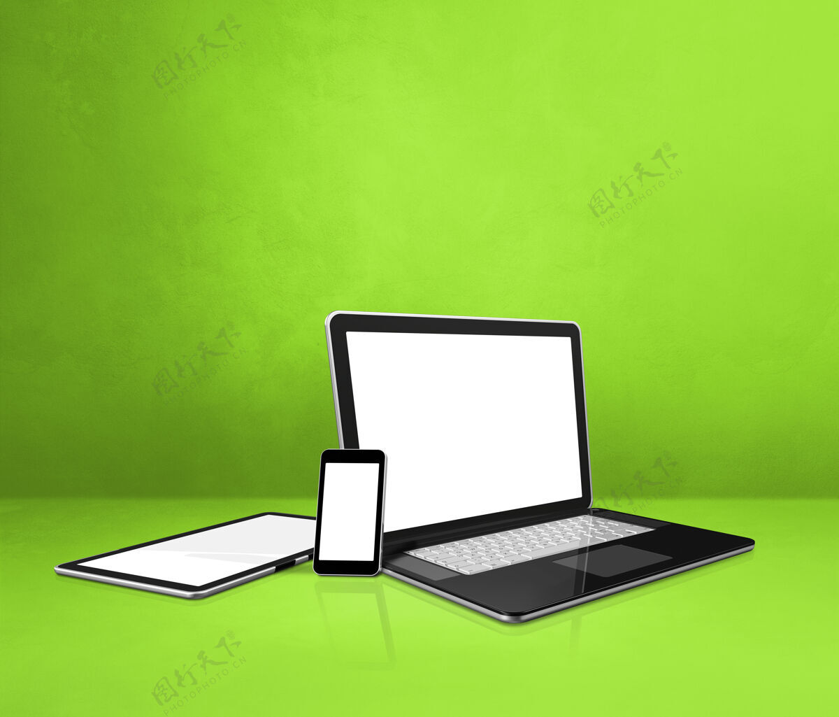 电话绿色办公桌上的笔记本电脑 手机和数字平板电脑设置反射3d