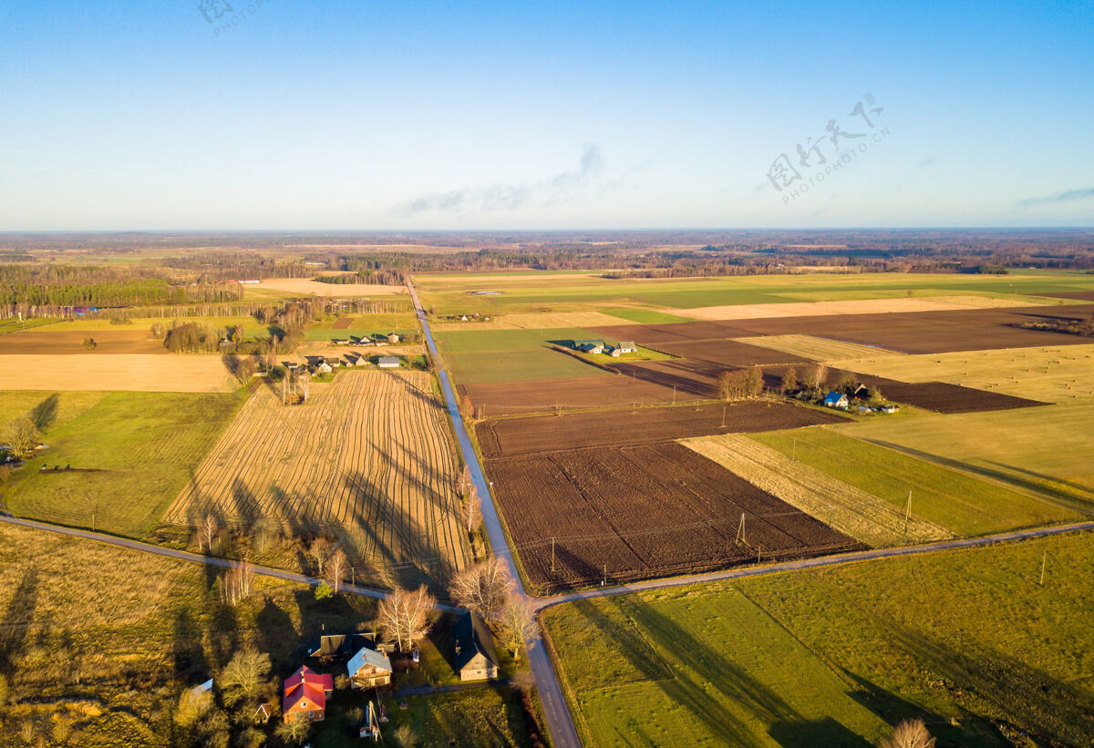 日光空中无人机拍摄的美丽秋色包围的农田照片草地自然秋天