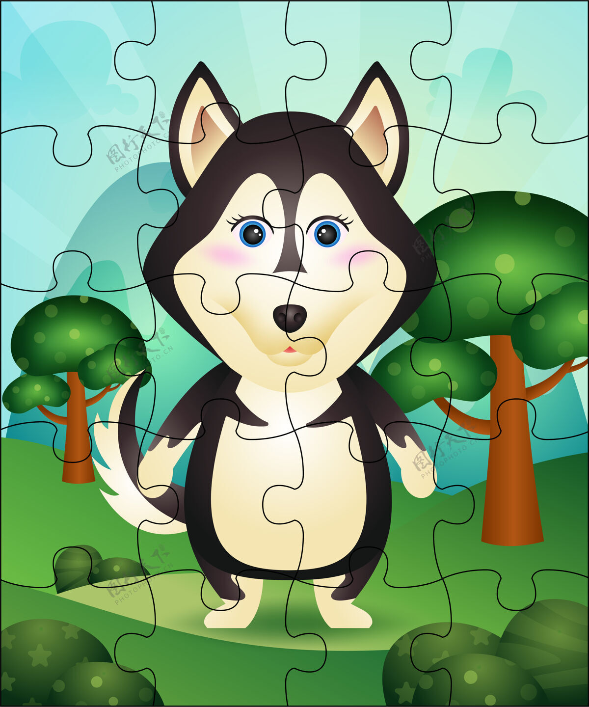 草儿童益智游戏与可爱的哈士奇狗插图益智学习想法