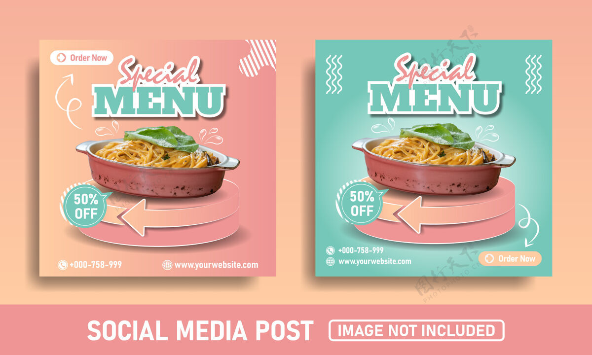 美味粉色和蓝色flayer社交媒体发布横幅食品模板特别菜单膳食帖子意大利面
